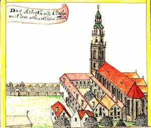 Das Alte Sandt Closter mit dem alten schne Thurm - Koci i klasztor N.M.Panny na Piasku, wg. dawnego widoku z lotu ptaka